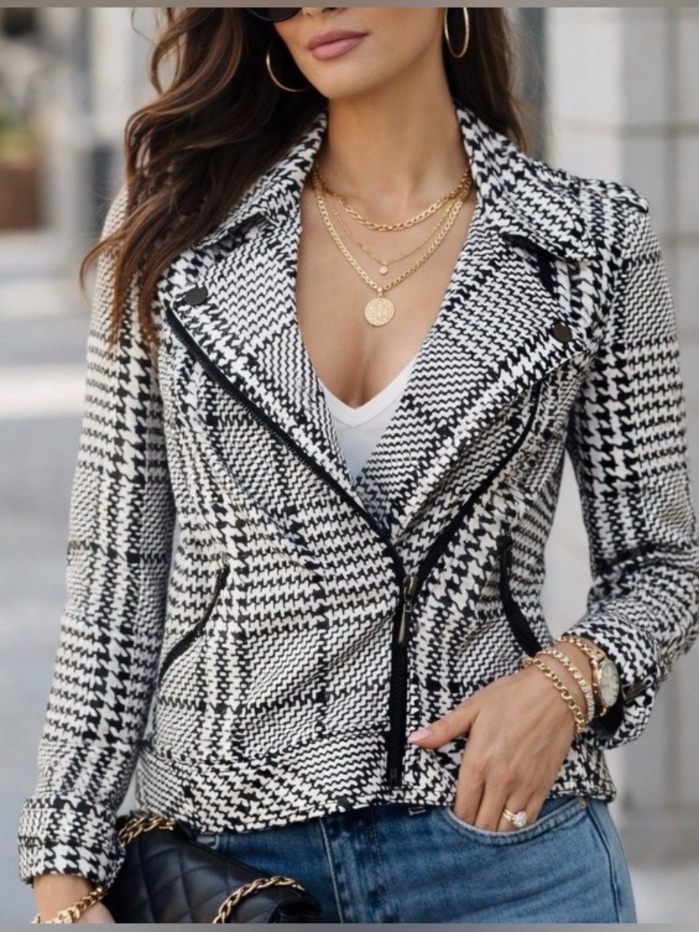White House Black Market Black & White Houndstooth Moto Blazer